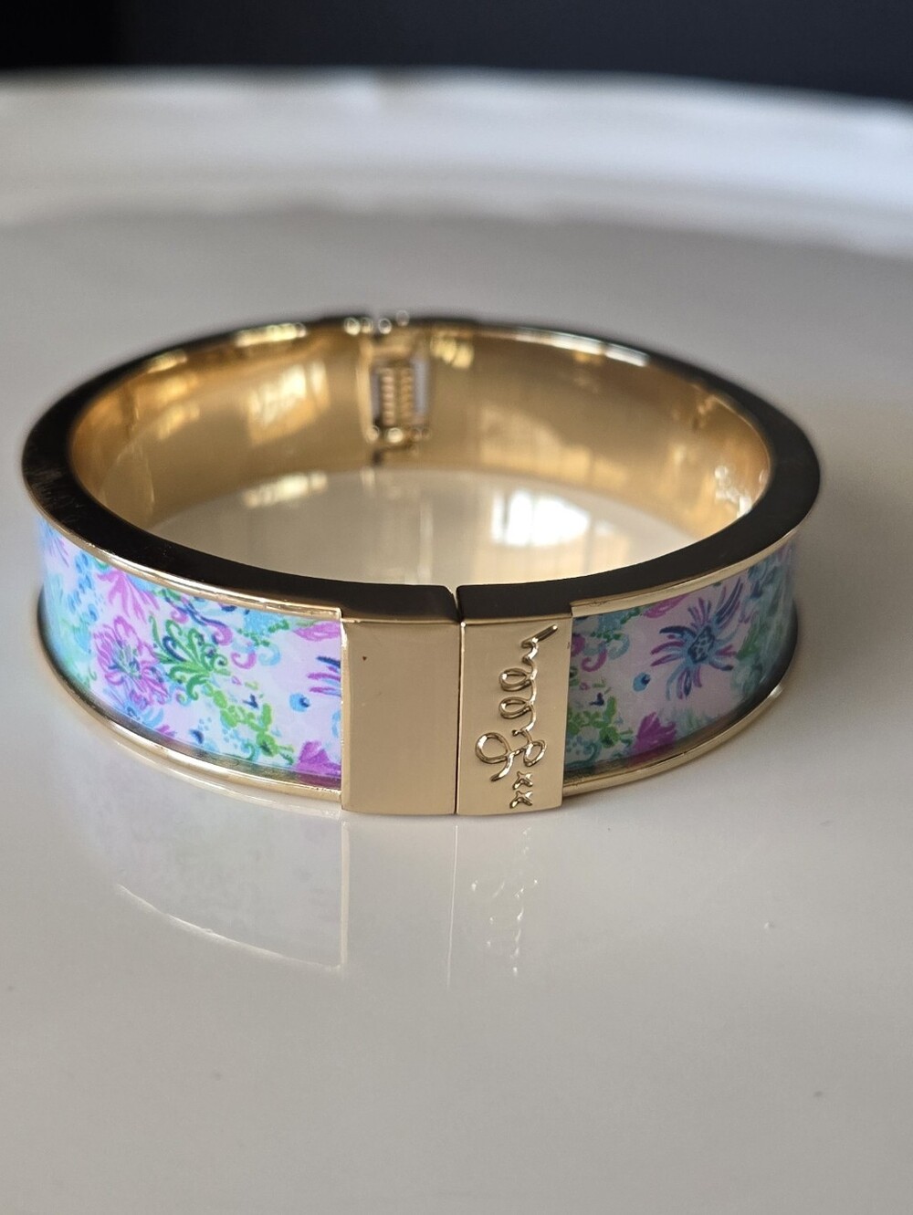 Lilly Pulitzer Gold Floral Enamel Hinged Bangle - Pink, Blue & Green